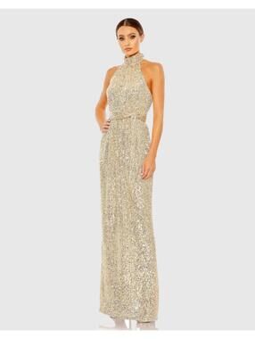Ieena for Mac Duggal Elegant Rose Gold Sequin Halter Neck Evening Gown